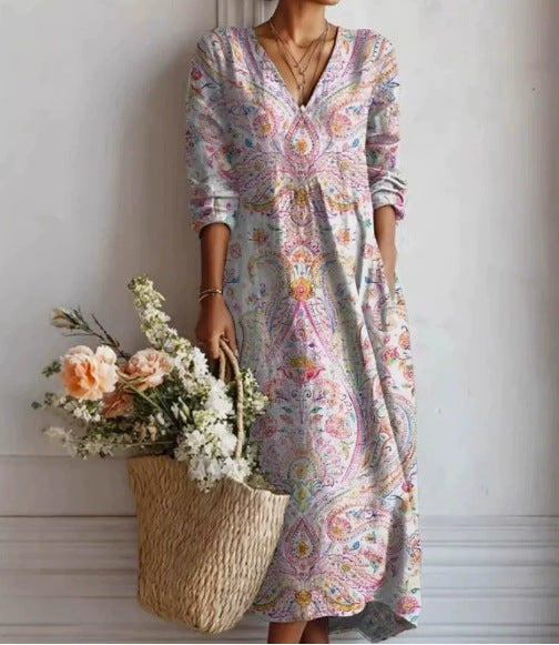 Printed Midi Dress – Women's Retro Art Pattern Relaxed Fit