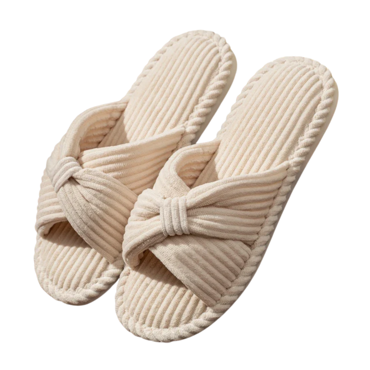 Women's Slippers – Corduroy Open Toe Slip-On with Bow Detail