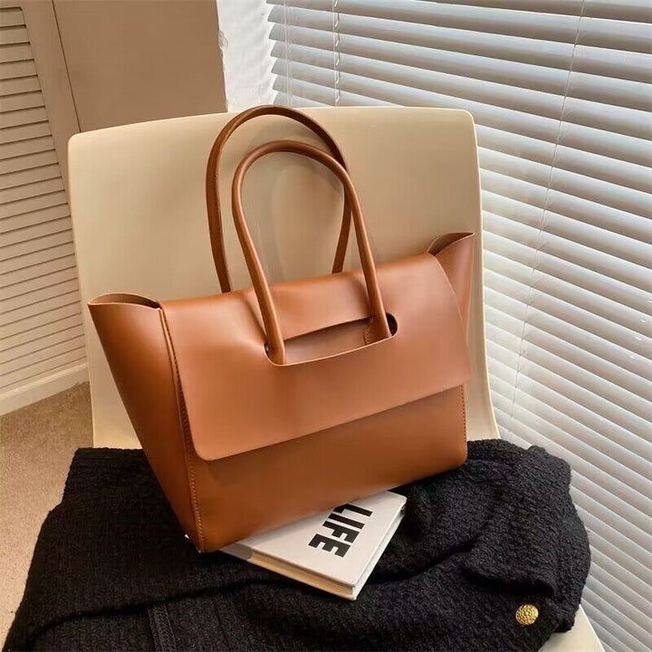 Women's Large Capacity Leather Tote Bag – Retro Handbag, Solid Color