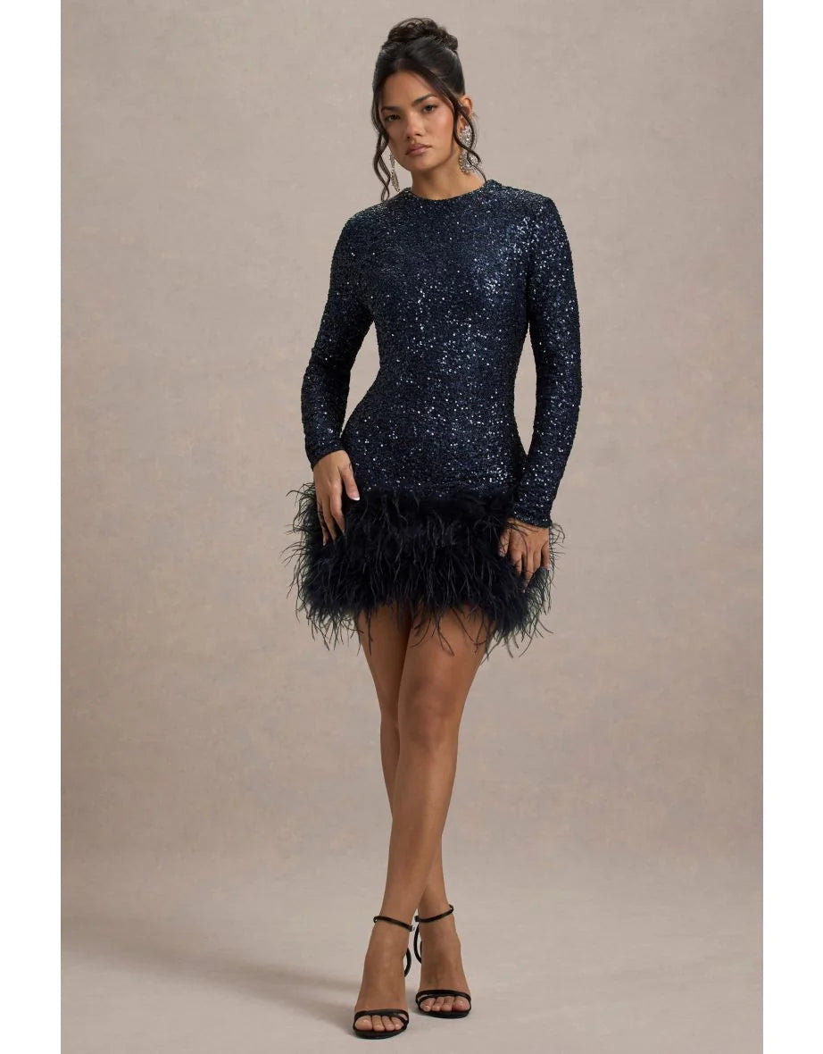Women's Feather Hem Mini Dress High Neck – Long Sleeve Bodycon Evening