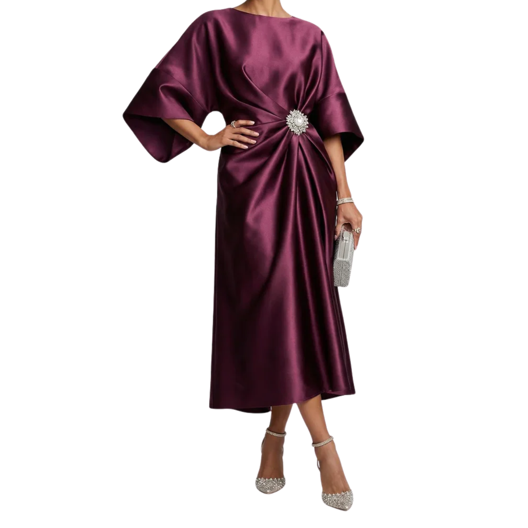 Women's Satin Midi Dress Batwing Sleeves – Bateau Neckline Jewel Waist
