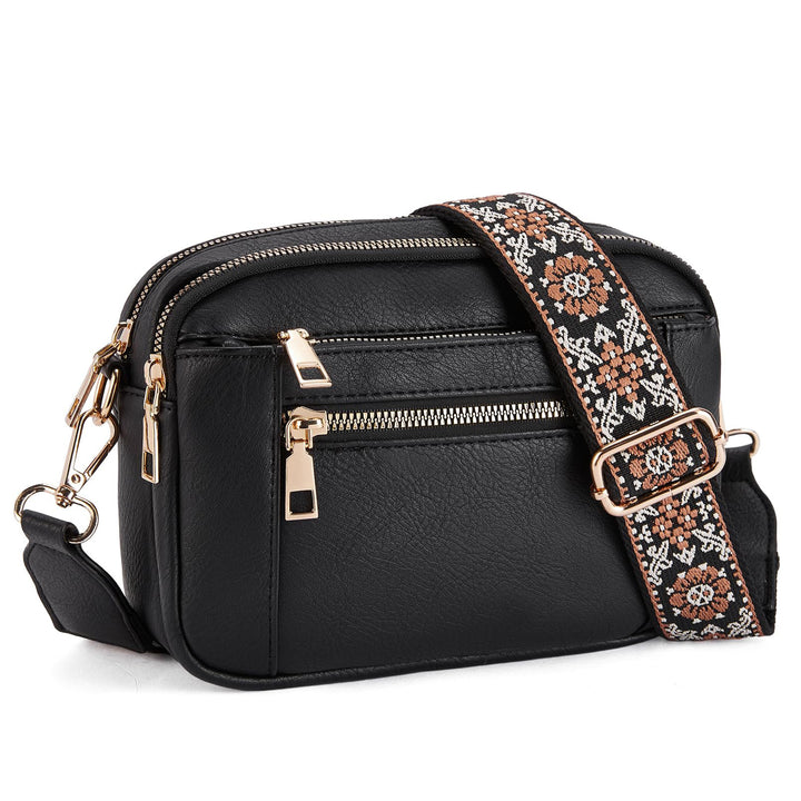 Women's Colorblock Crossbody Bag – Triple Zipper Embroidered Strap