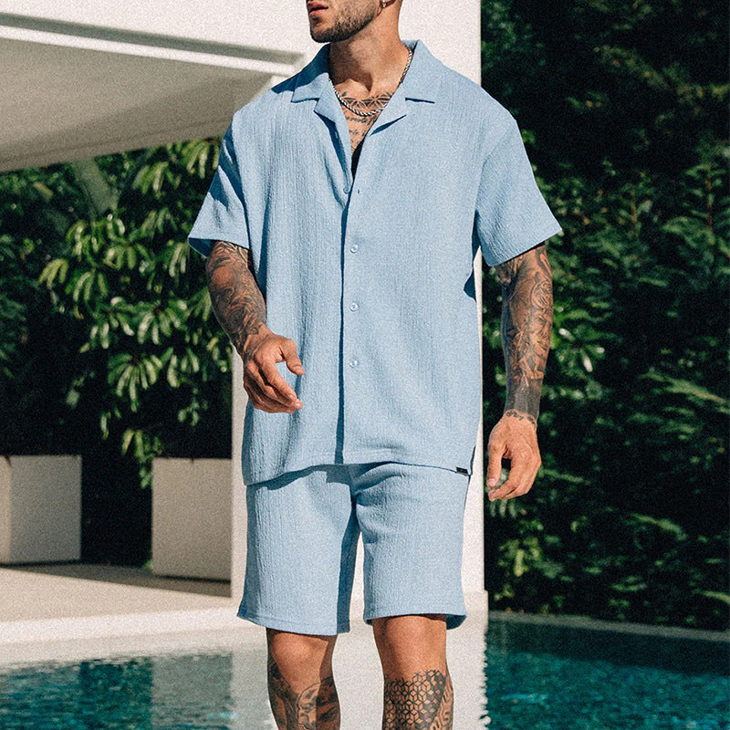 Men's Textured Short Sleeve Shirt Shorts Set – Cuban Collar Button