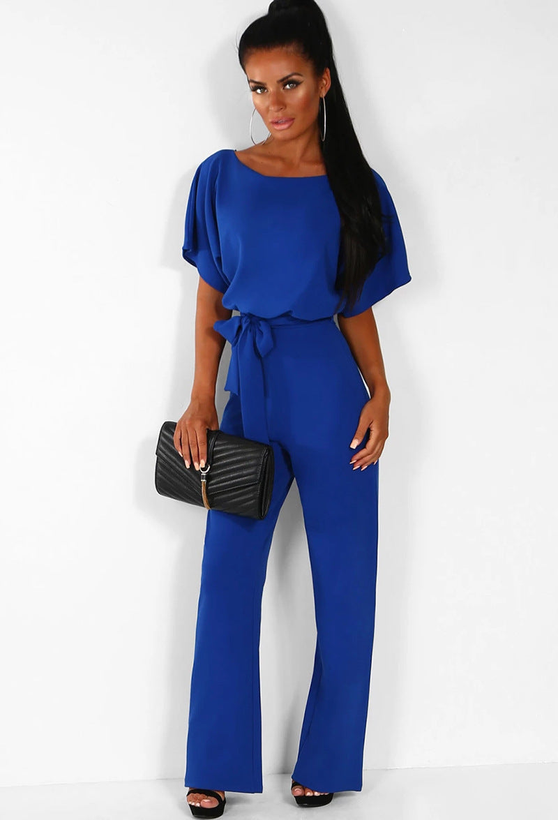 Women's High Waist Wide Leg Jumpsuit – Lace-Up Boat Neck Flutter Sleeve