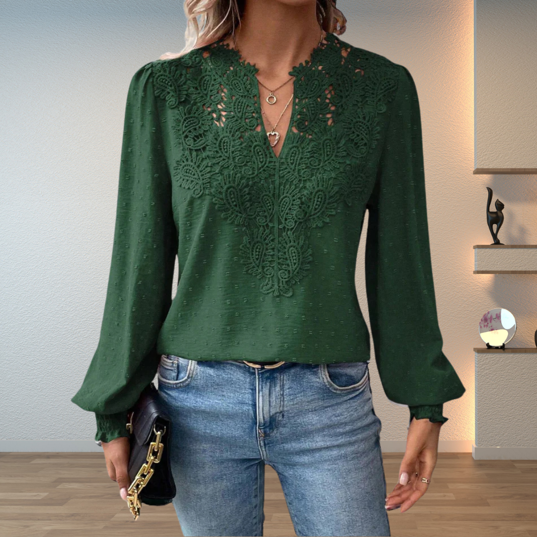 Embroidered V-Neck Blouse – Women's Gathered Sleeve Top
