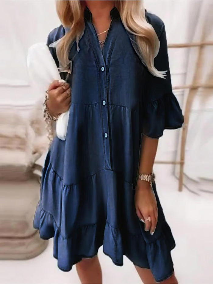 Denim Midi Dress Women Washed Cotton – Half Sleeve Relaxed Fit