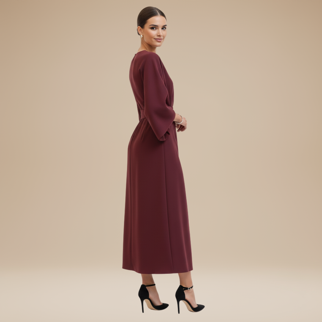 Women's Belted Wrap Midi Dress – Wide Flowing Sleeves Draped Waist