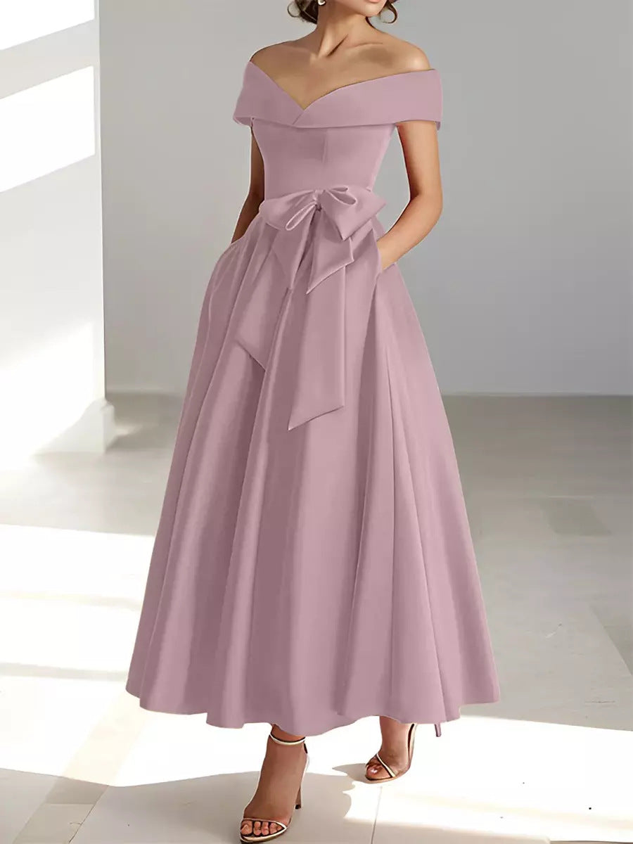 Mother of the Bride Dress Satin A-Line – Off-Shoulder Ankle Pockets