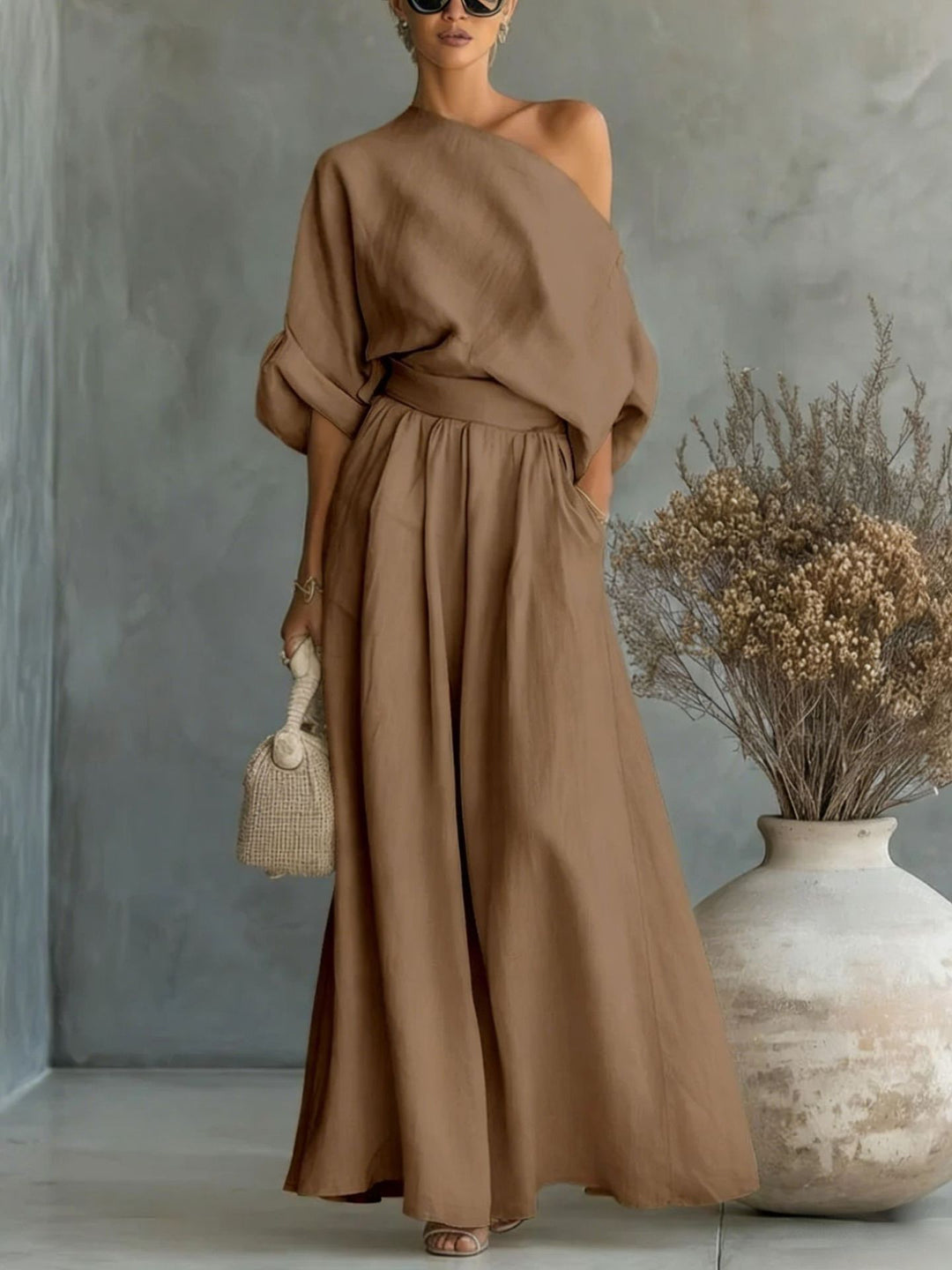 Linen Two Piece Set Women – Draped Blouse & Wide Leg Trousers