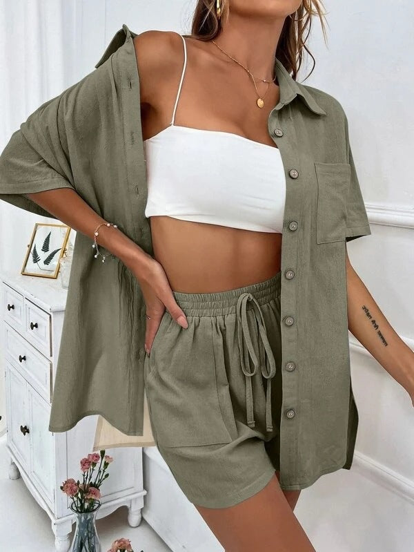 Women's Cotton Linen-Look Two-Piece Set – Button Shirt Shorts Summer