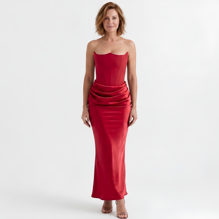 Maxi Bodycon Dress Strapless Bustier – Strategic Ruching Ankle Gown