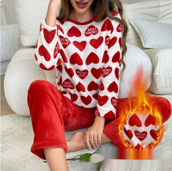 Fleece Pajama Set for Women – Long Sleeve Heart Print Lounge