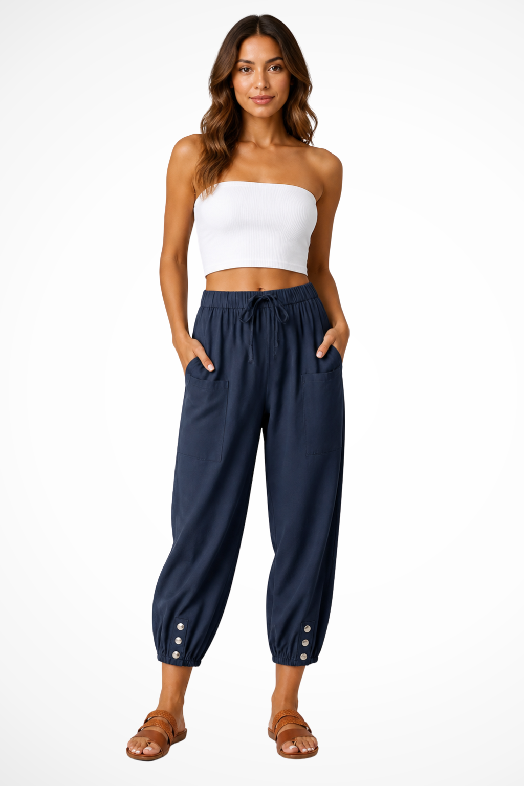 Women's Linen Cropped Pants – Drawstring Waist & Button Hem