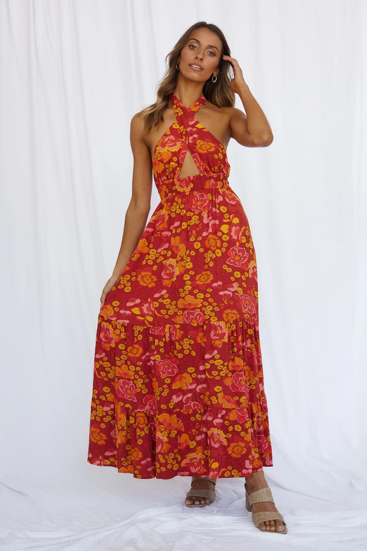 Halter Mini Dress – Lace-Up Print Split Vacation Style