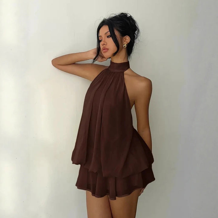 Women's Chiffon Mini Dress – Tiered Ruffle Halter Neck