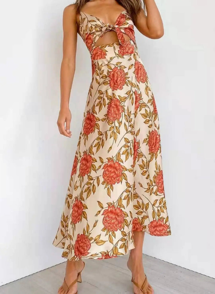 Women's Floral Tie-Front Cutout Midi Dress – Adjustable Straps