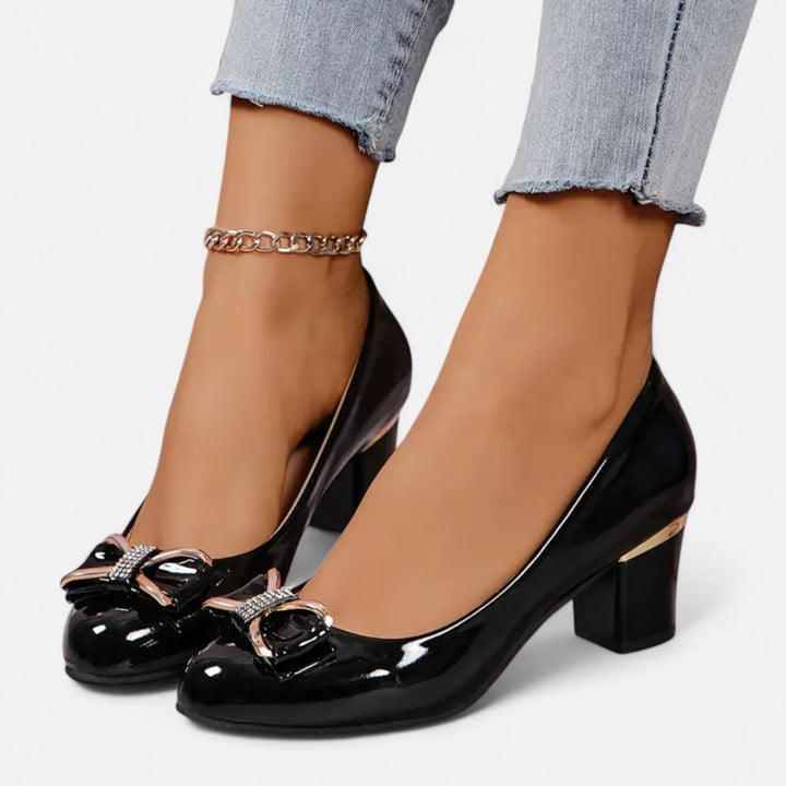Patent Leather Block Heels – Glossy Bow Accent Round Toe