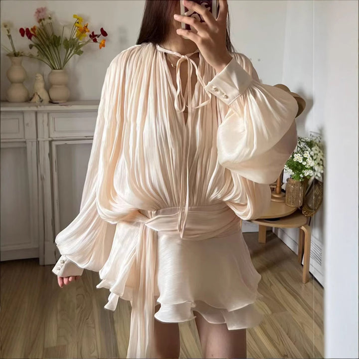 Mini Dress – Structured Pleated Twist Front & Shoulder Pads