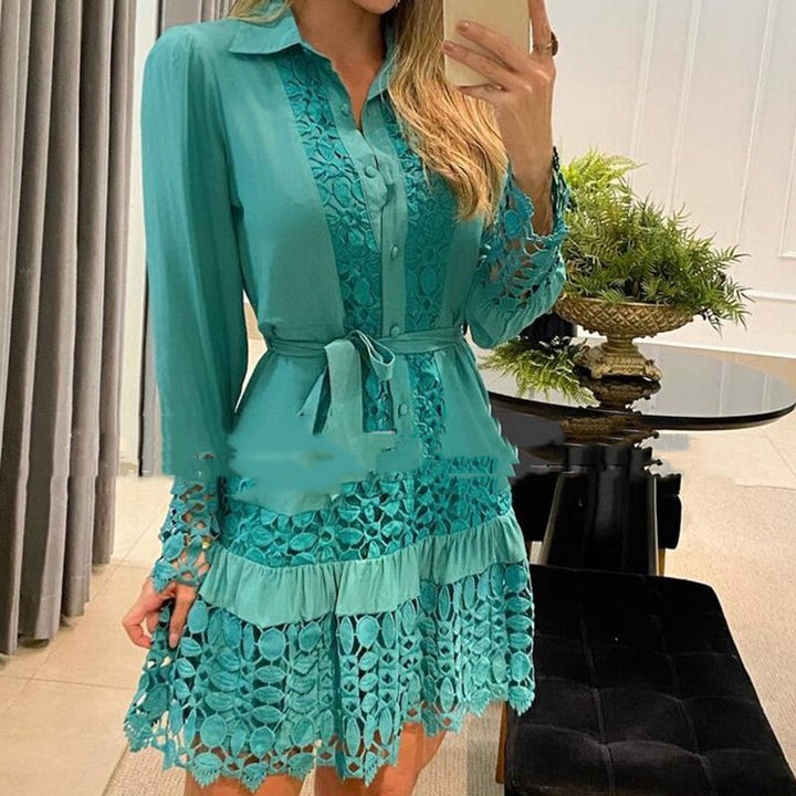 Lace Maxi Dress – V-Neck, Ruffle Sleeves & Built-In Shorts