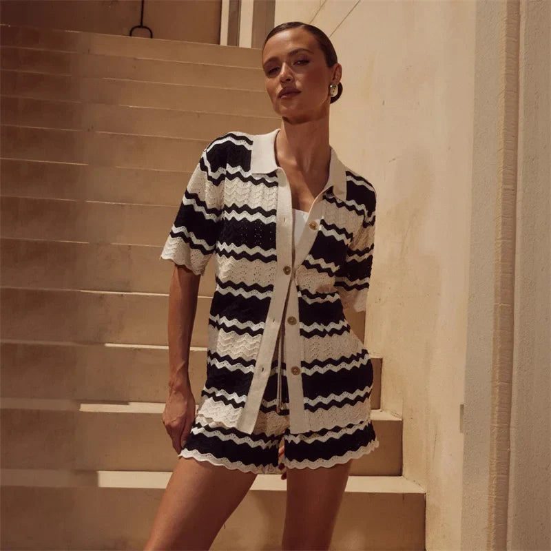 Women's Crochet Knit Cover Up Set – Striped Two Piece