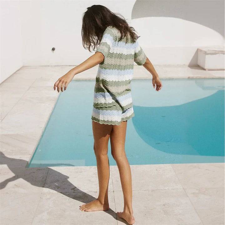 Women's Crochet Knit Cover Up Set – Striped Two Piece