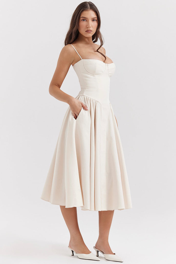 Women's Corset Bodice Midi Dress – Adjustable Straps Fitted Structured