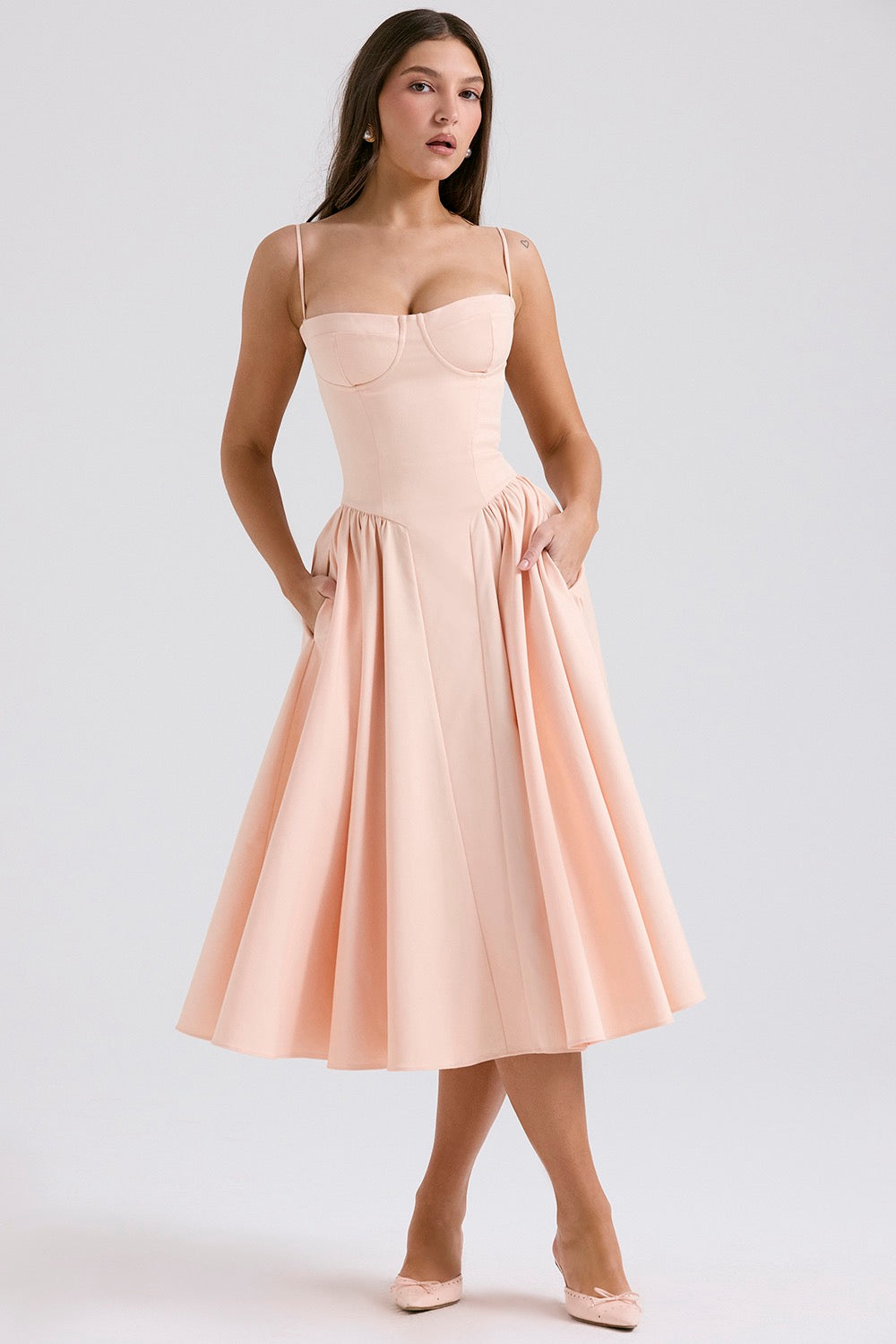 Women's Corset Bodice Midi Dress – Adjustable Straps Fitted Structured
