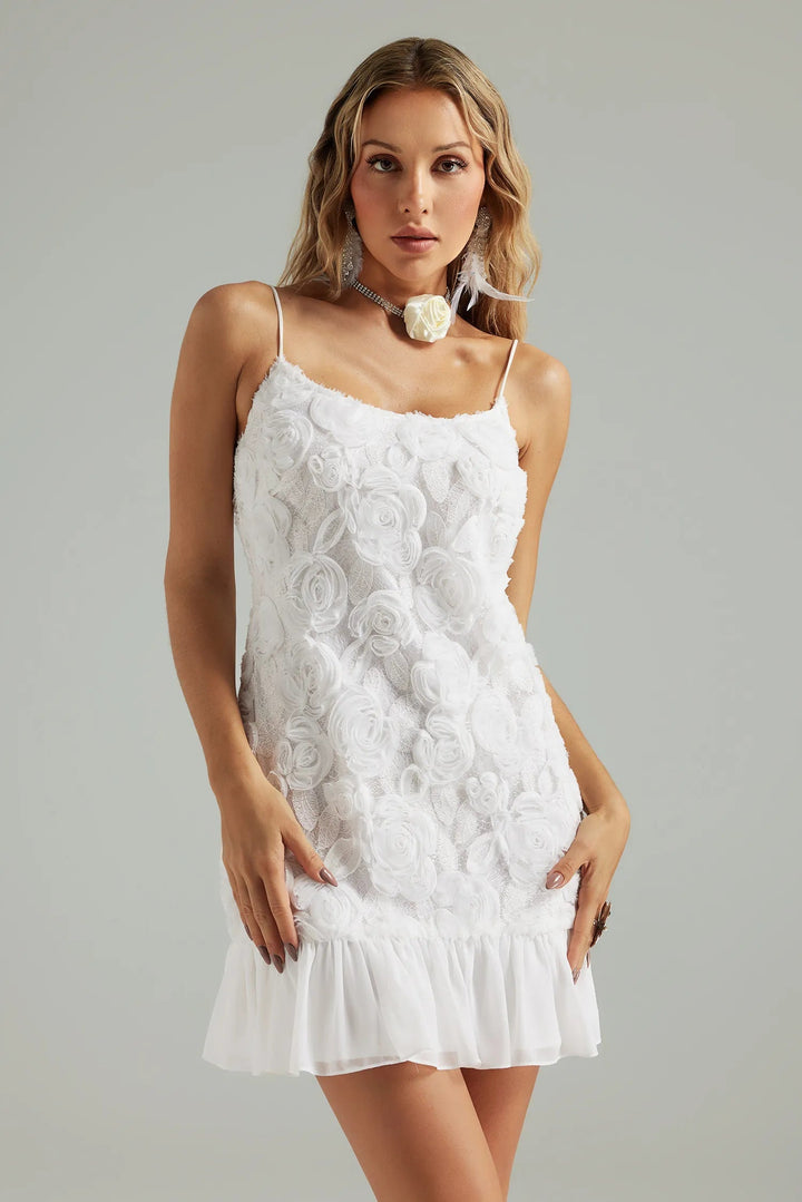 Floral Mini Dress – 3D Flower Appliqués, Ruffle Hem & Straps