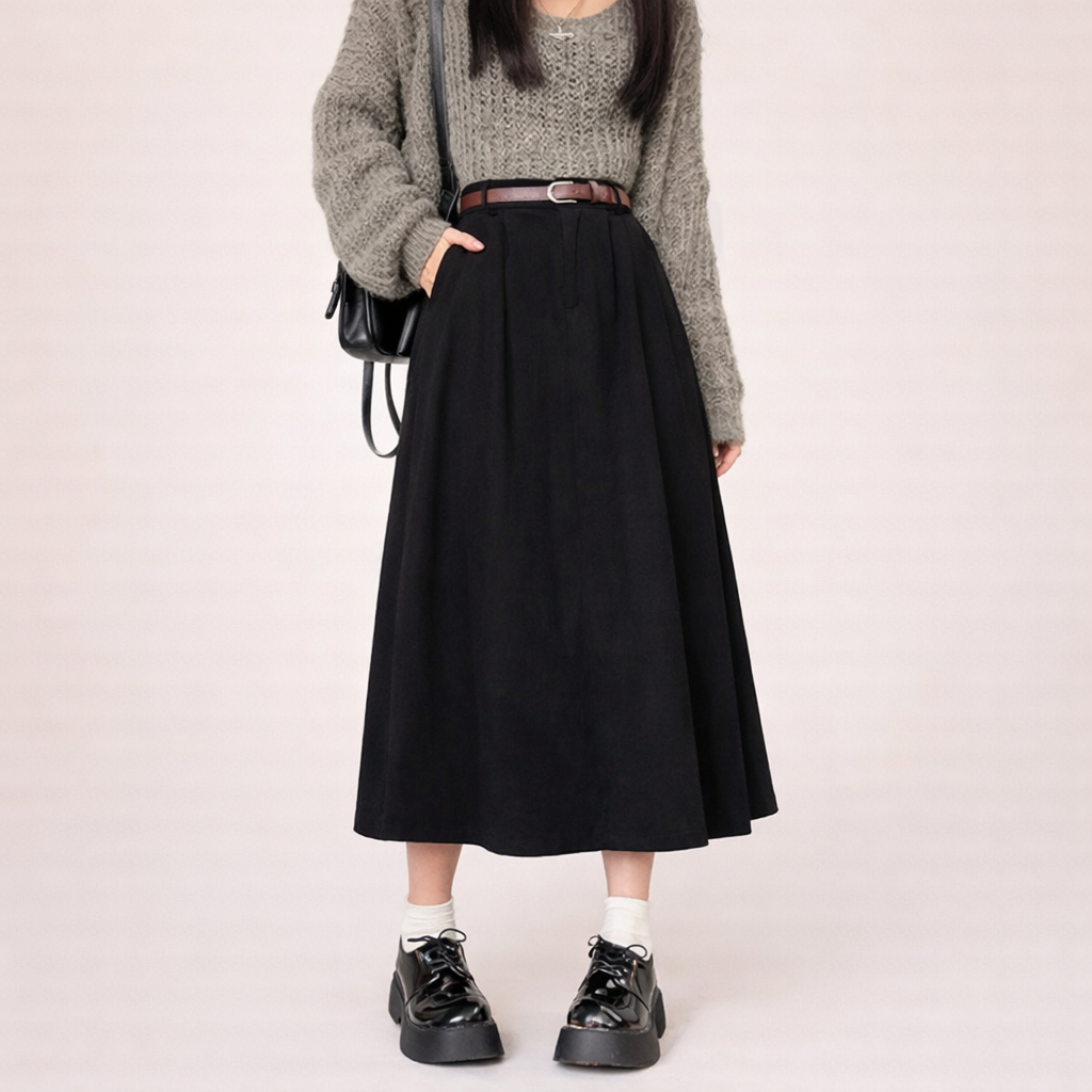 A-Line Midi Skirt – High Waist Flowing Fit With Pockets