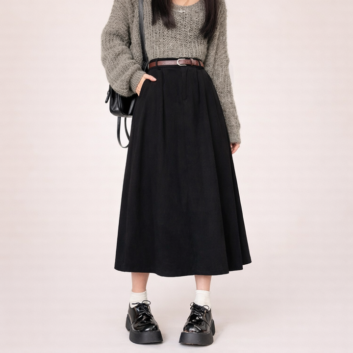 A-Line Midi Skirt – High Waist Flowing Fit With Pockets