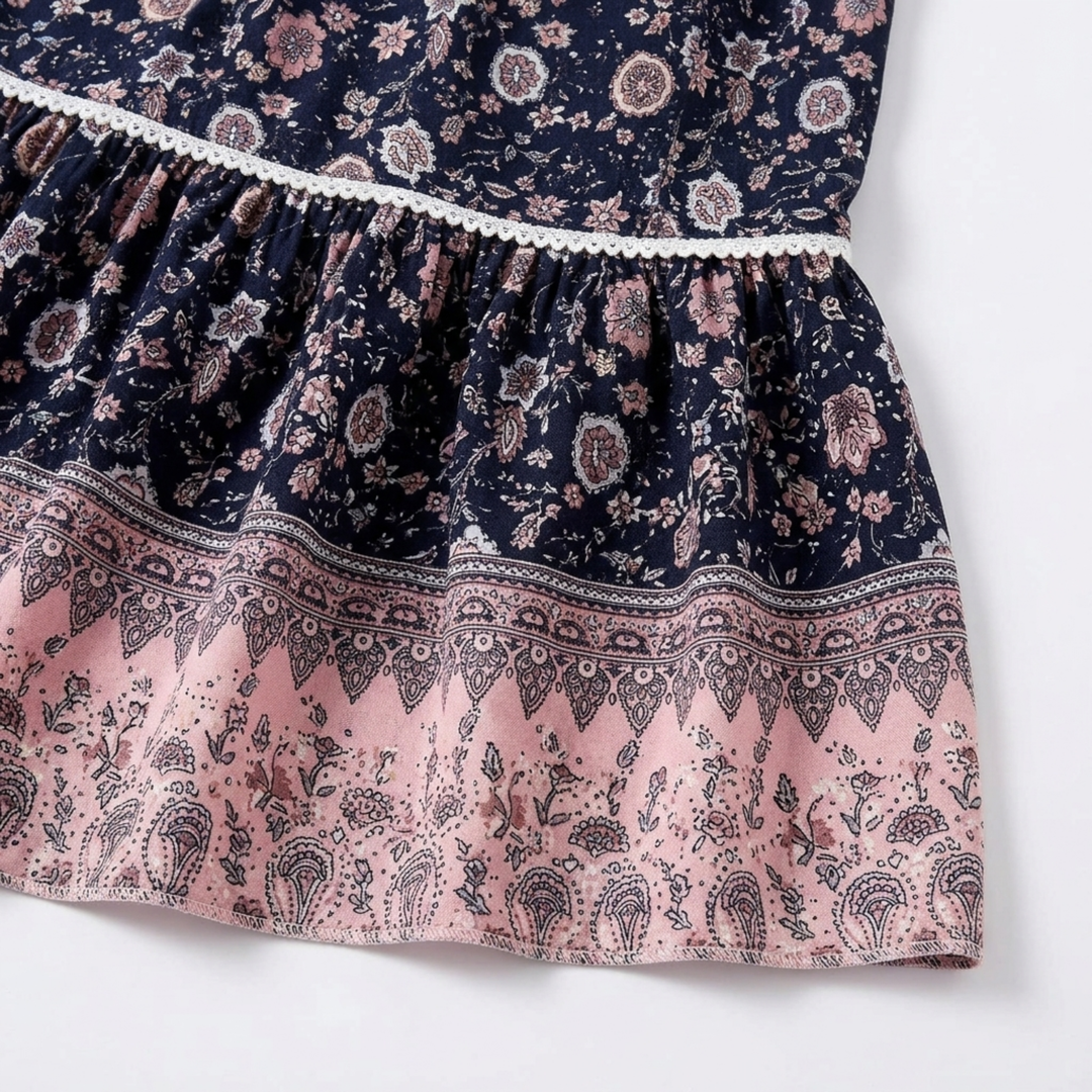 Floral Maxi Skirt – High-Waist Drawstring A-Line, Cotton