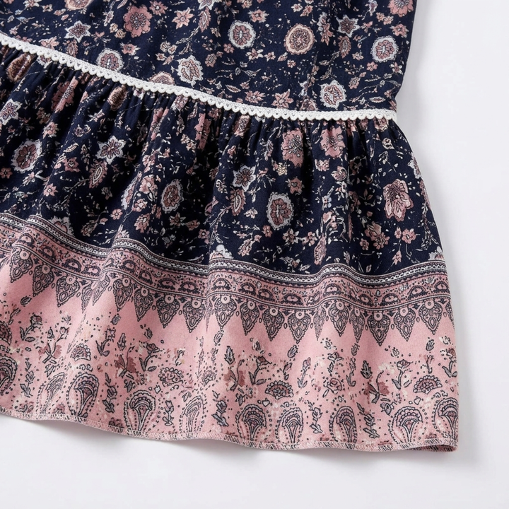 Floral Maxi Skirt – High-Waist Drawstring A-Line, Cotton