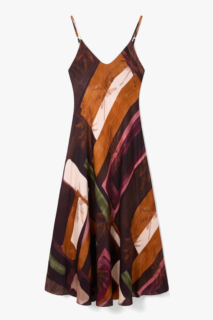 Women's Satin Slip Maxi Dress Sunset Print – Adjustable Straps V-Neck