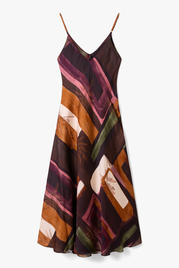 Women's Satin Slip Maxi Dress Sunset Print – Adjustable Straps V-Neck