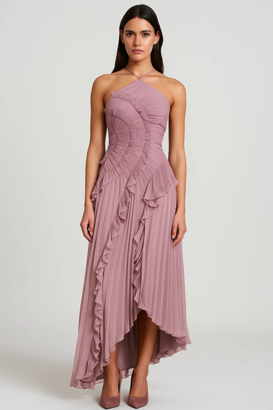 One Shoulder Maxi Dress – Pleated Asymmetric Ruffle Detail