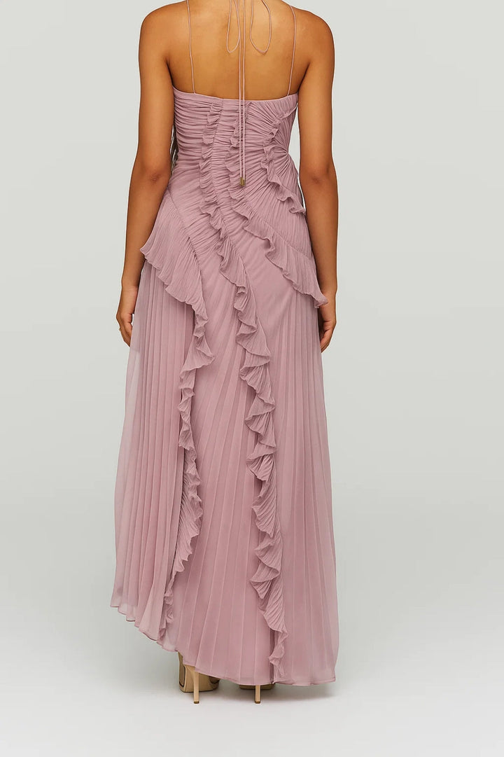 One Shoulder Maxi Dress – Pleated Asymmetric Ruffle Detail