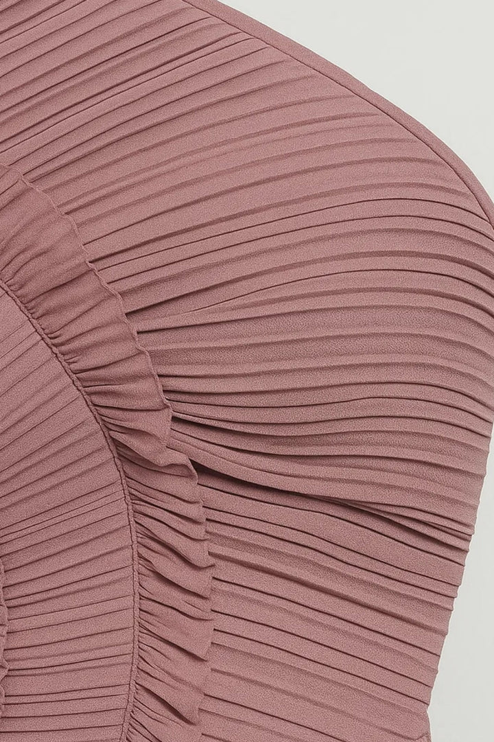 One Shoulder Maxi Dress – Pleated Asymmetric Ruffle Detail