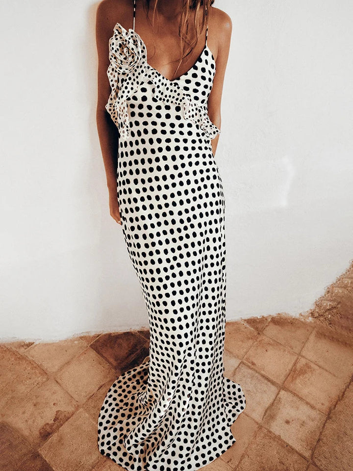 Polkadot Maxi Dress – Asymmetric Ruffle & Open Back Detail
