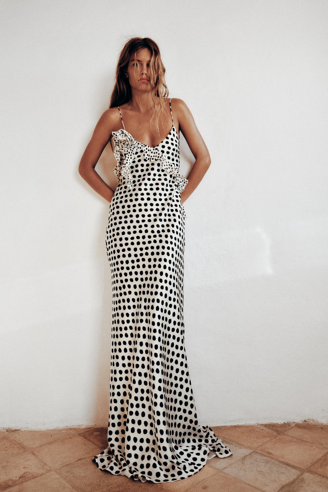 Polkadot Maxi Dress – Asymmetric Ruffle & Open Back Detail