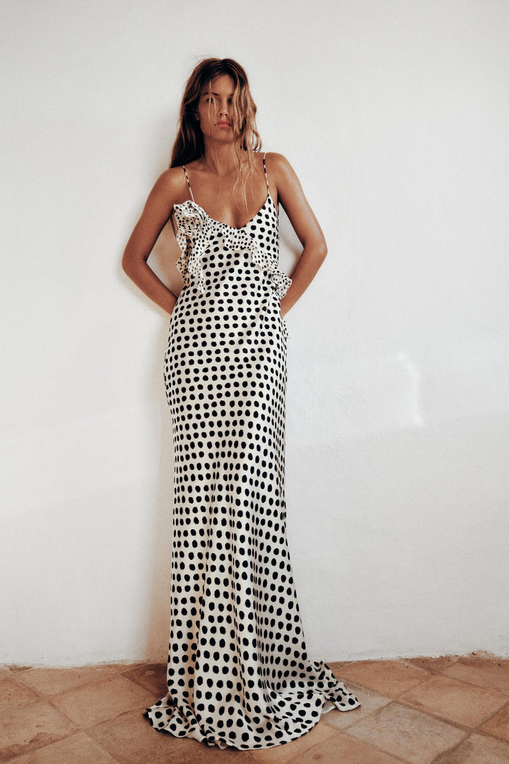 Polkadot Maxi Dress – Asymmetric Ruffle & Open Back Detail