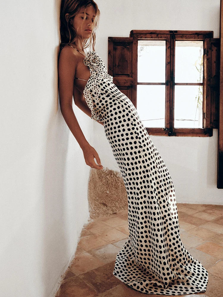 Polkadot Maxi Dress – Asymmetric Ruffle & Open Back Detail