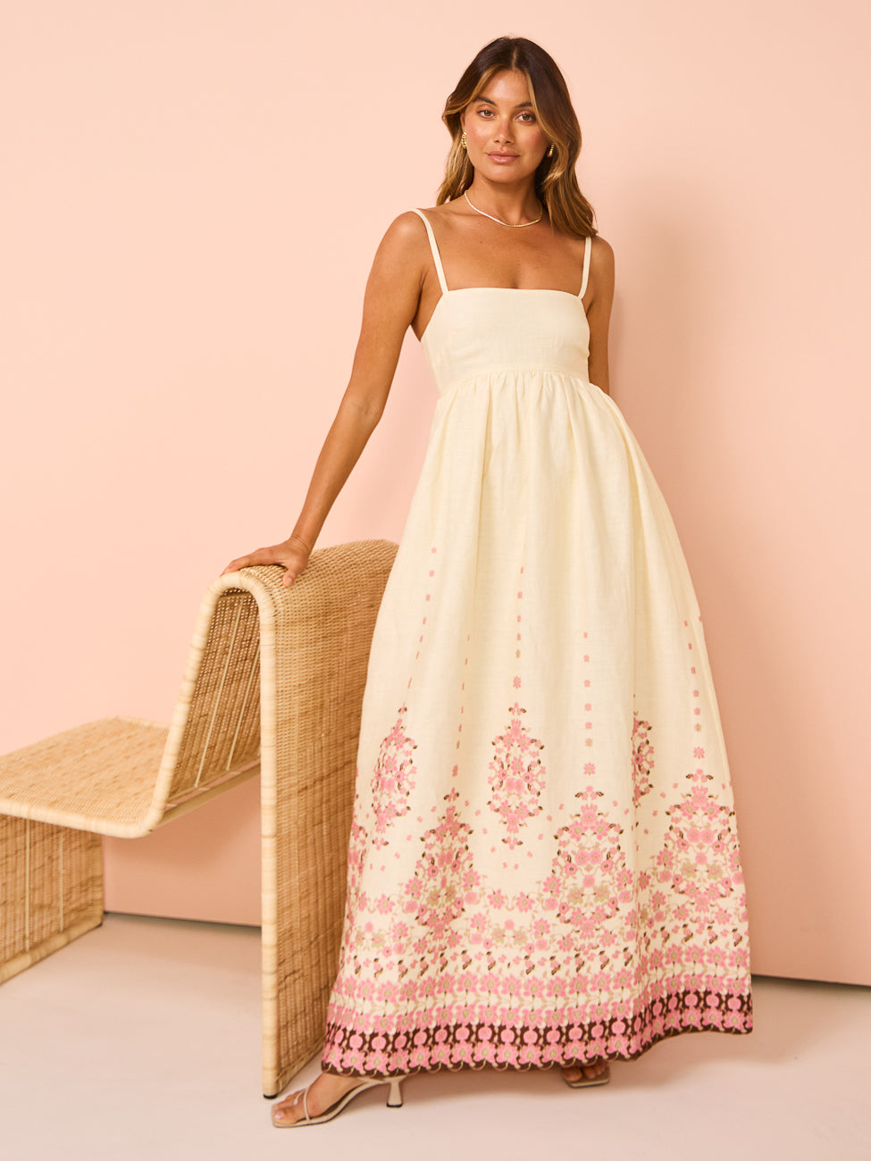 Floral Maxi Dress – Straight Neckline with Pockets