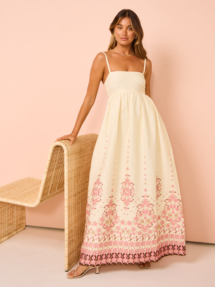 Floral Maxi Dress – Straight Neckline with Pockets