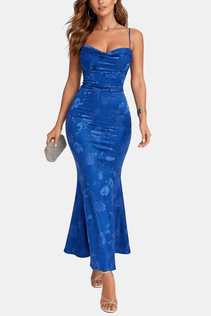 Open Back Maxi Dress – Spaghetti Strap Draped Neckline