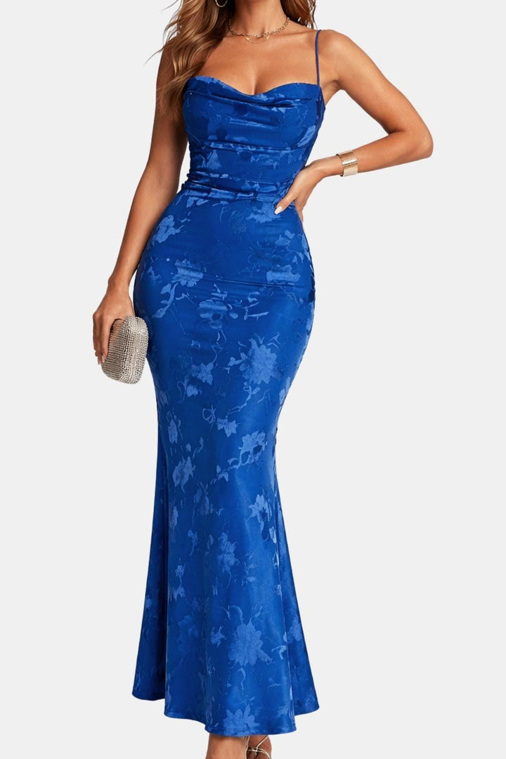 Open Back Maxi Dress – Spaghetti Strap Draped Neckline