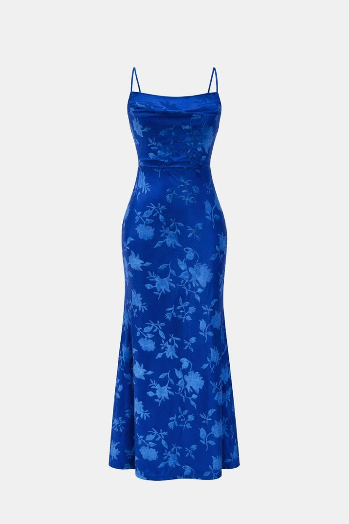 Open Back Maxi Dress – Spaghetti Strap Draped Neckline