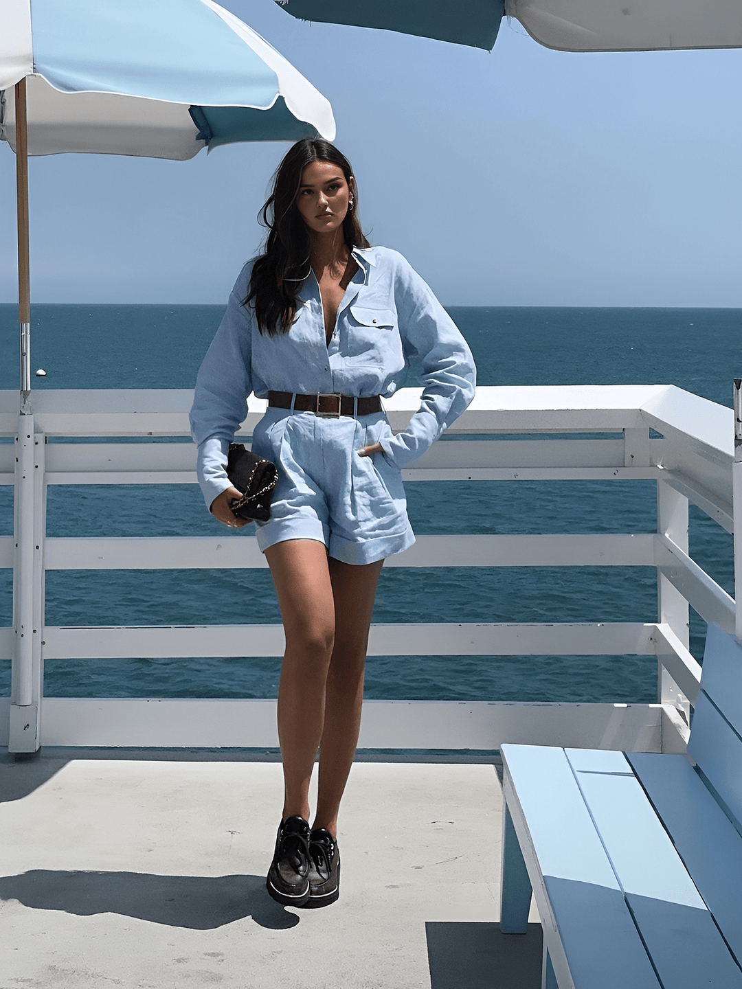 Women's Two Piece Set – Oversized Shirt & Pleated Shorts