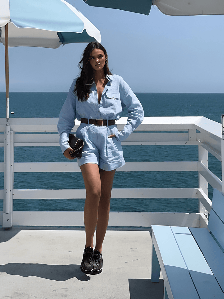 Women's Two Piece Set – Oversized Shirt & Pleated Shorts