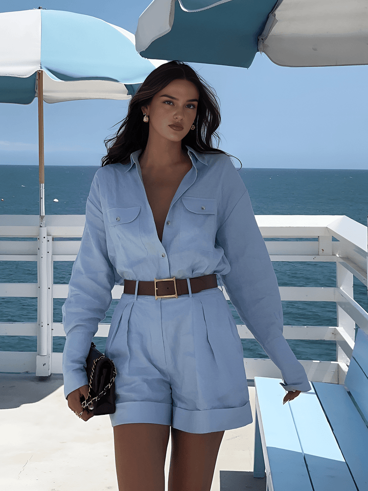 Women's Two Piece Set – Oversized Shirt & Pleated Shorts