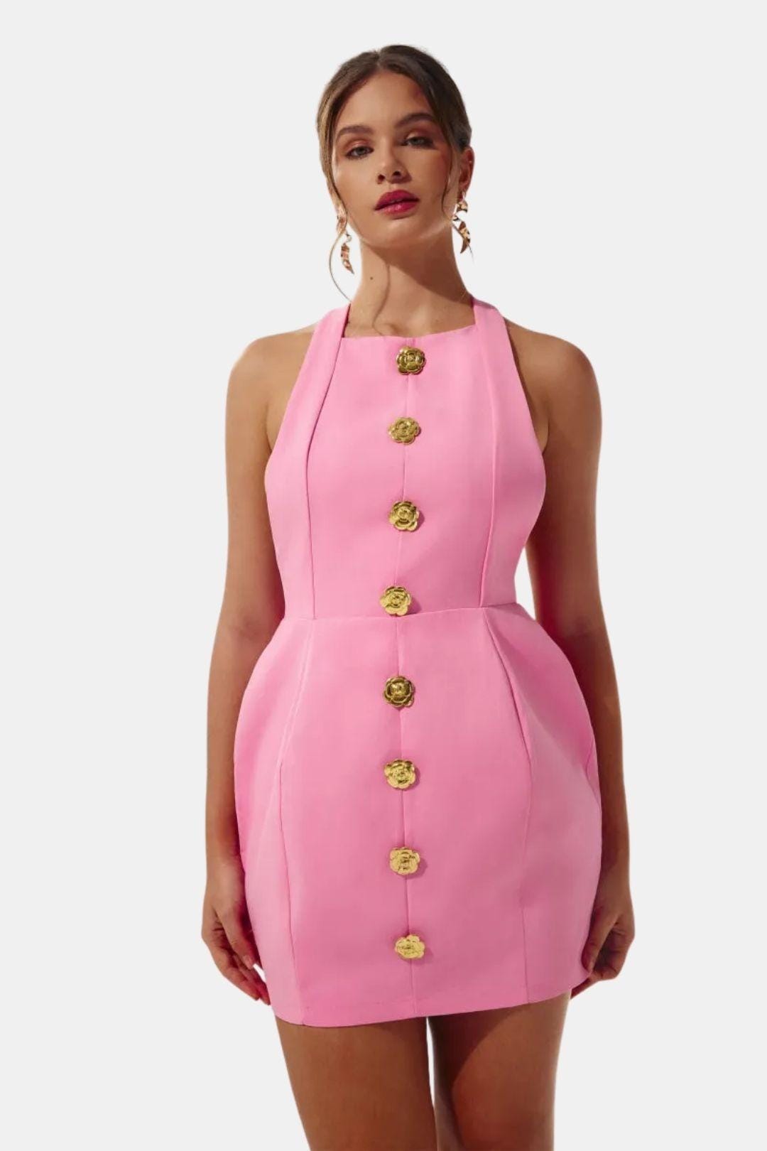 Halter Neck Mini Dress – Open Back, Fitted & Appliqué Detail